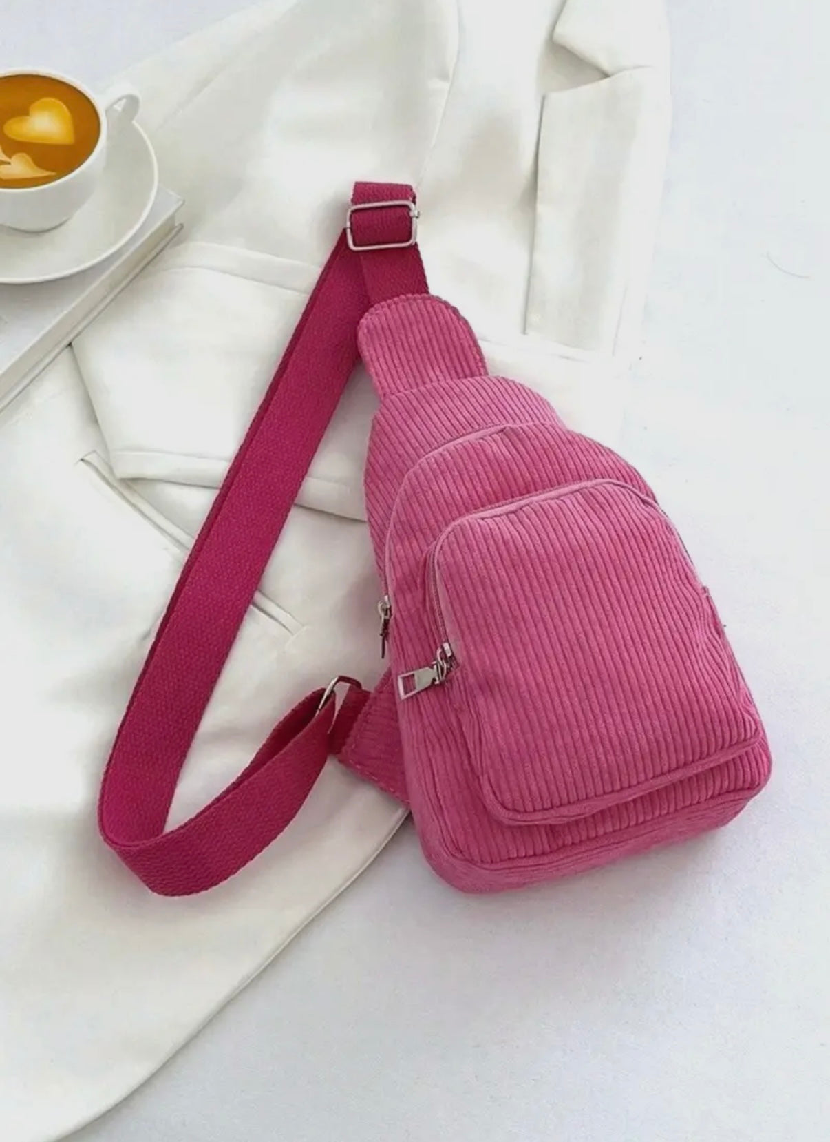 Hot pink corduroy crossbody bag