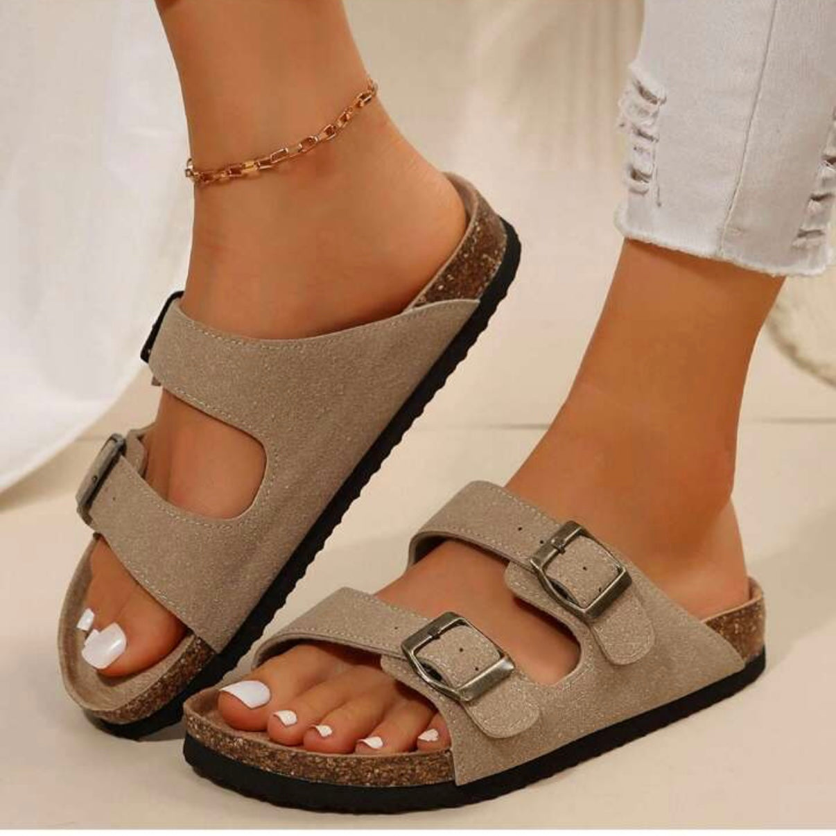 Slip on light brown adjustable sandals