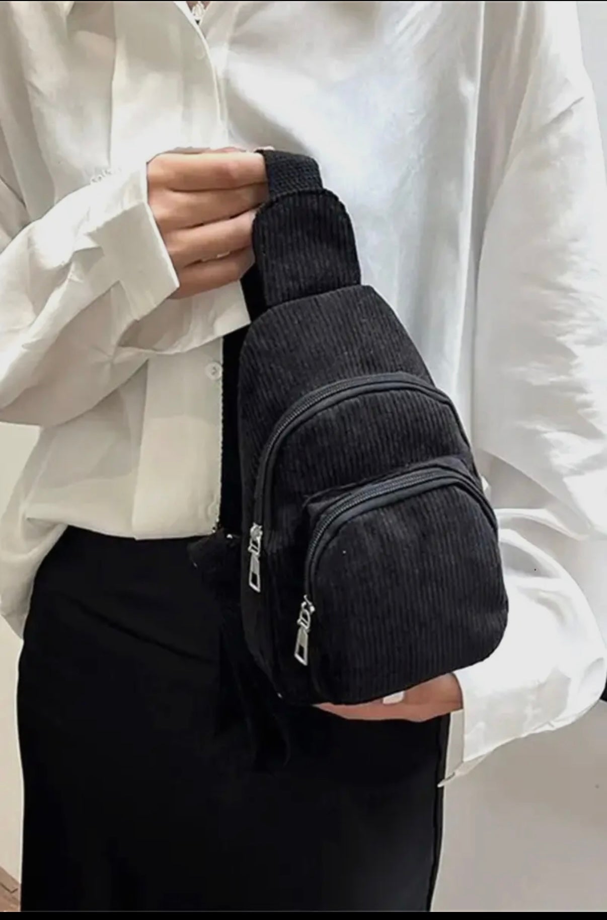 Black corduroy crossbody purse