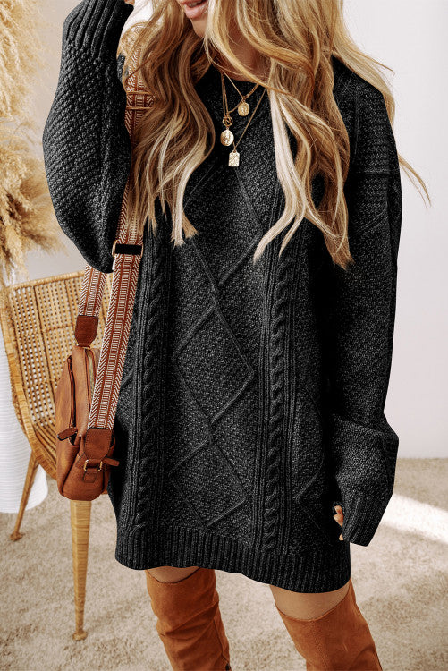 Black Cable Knit Drop Shoulder Loose Fit Sweater Dress (s-2x)