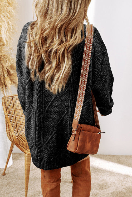 Black Cable Knit Drop Shoulder Loose Fit Sweater Dress (s-2x)