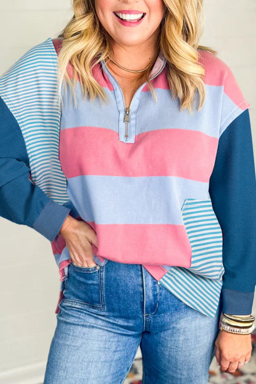 šššš šš
ššš ššš šš®š«šÆš² Blue Stripe Colorblock Patchwork Zip up Plus Size Pullover šØš«š¢š š¢š§šš„š„š² $šš
