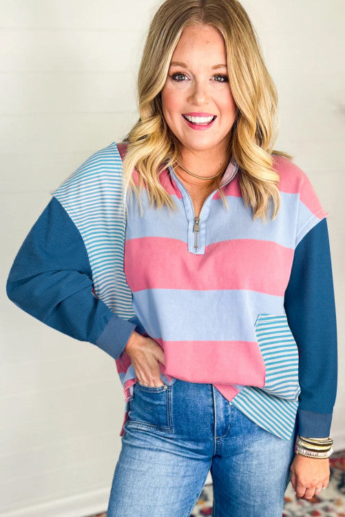 šššš šš
ššš ššš šš®š«šÆš² Blue Stripe Colorblock Patchwork Zip up Plus Size Pullover šØš«š¢š š¢š§šš„š„š² $šš