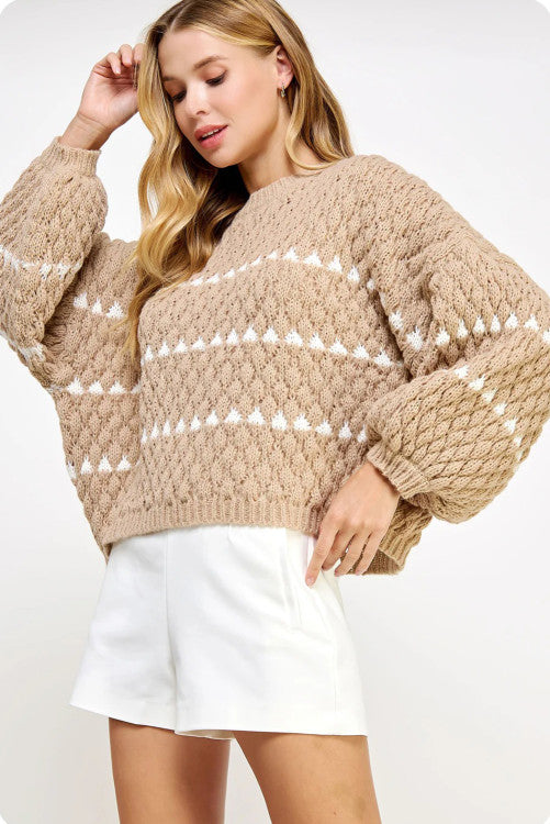 Pale Khaki Contrast Detail Textured Knit Puff Sleeve Baggy Sweater