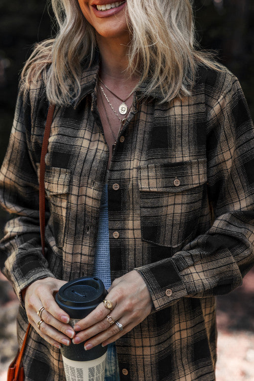Multicolour Retro Plaid Double Flap Pocket Brushed Shacket