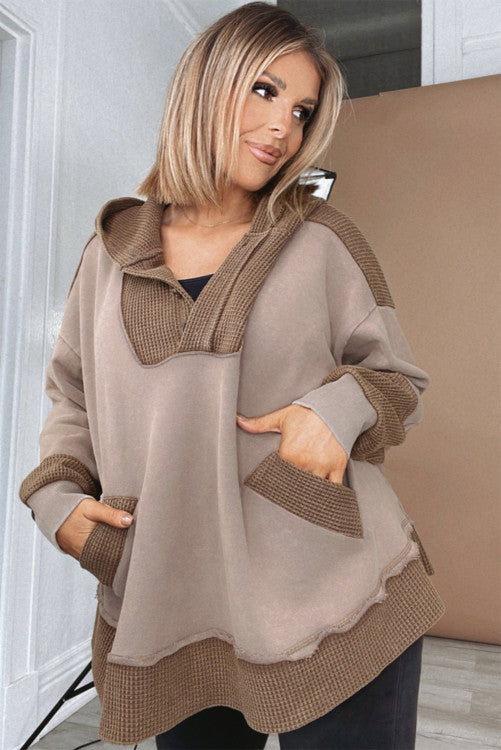 Curvy Goat Waffle Contrast Patchwork Plus Size Pocketed Hoodie (1x-3x)