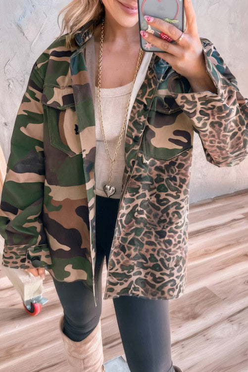 Brown Leopard Camo Patchwork Oversize Shacket