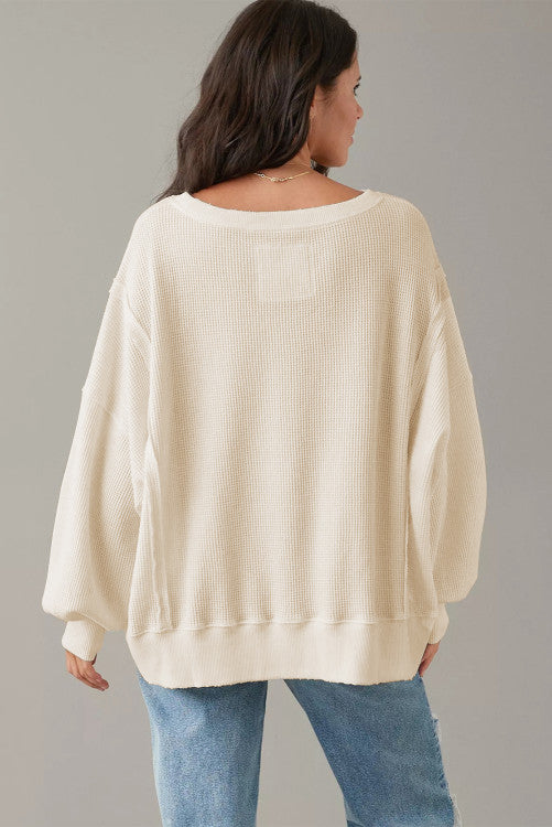 White Waffle knit Bishop Sleeve Split Oversized Top (s-2x)