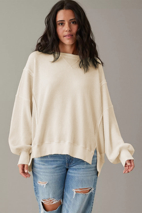White Waffle knit Bishop Sleeve Split Oversized Top (s-2x)
