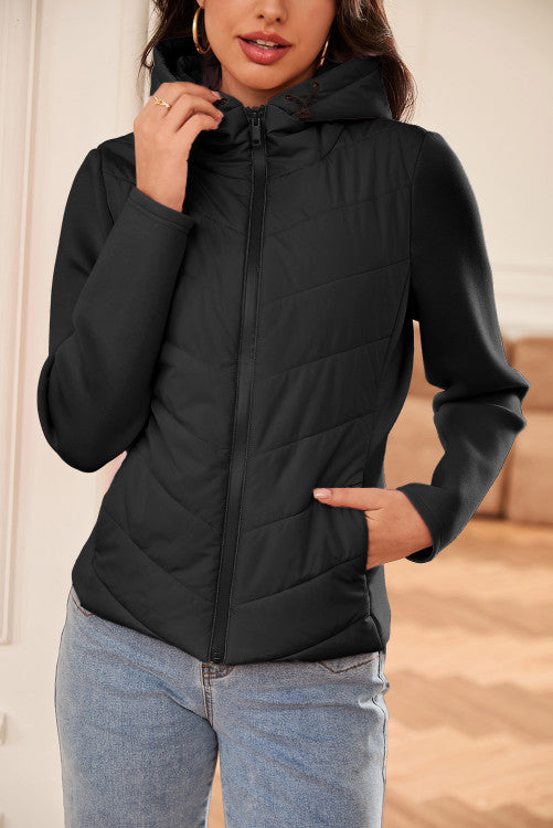 Black Scuba Sleeve Patchwork Zipped Front Hooded Puffer Jacket (s-2x)