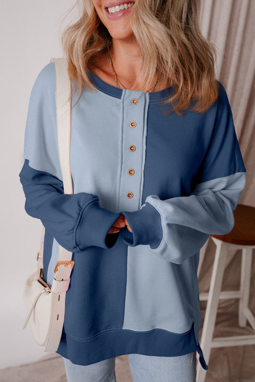 Beau Blue Colorblock Henley High Low Oversize Sweatshirt