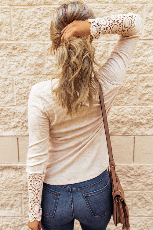Beige Crochet Lace Hem Sleeve Button Top (s-2x)