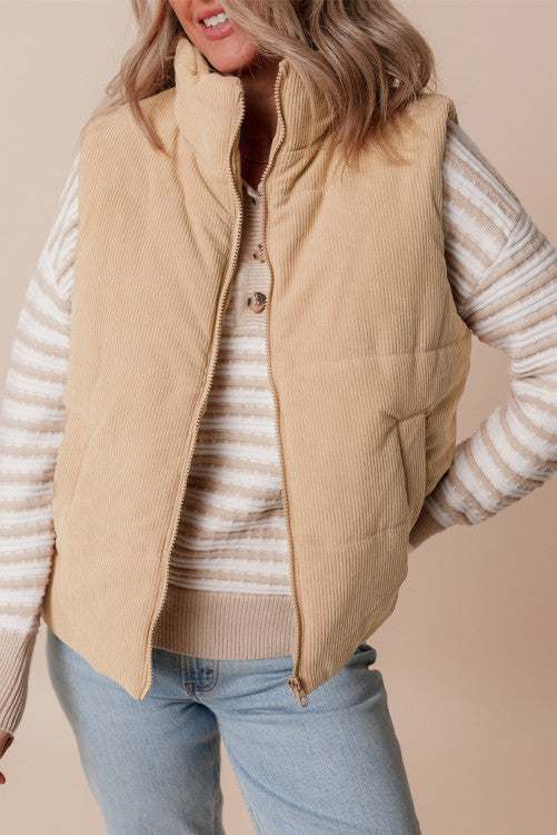 Light French Beige Corduroy Stand Neck Zipped Puffer Vest (š¬-šš±)