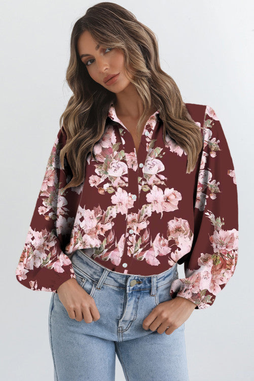Brown Floral Puff Sleeve Lightweight Shirt