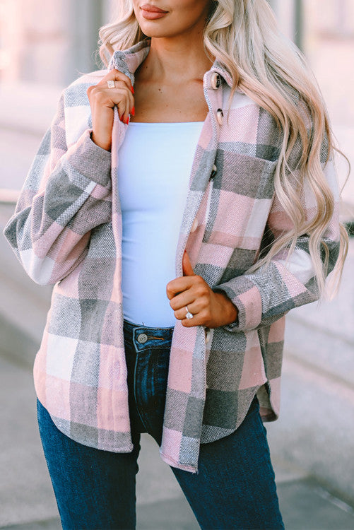 Pink Gray Plaid Color Block Buttoned Long Sleeve Jacket with Pocket (s-2x)