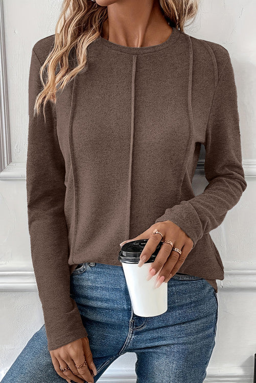 Chicory Coffee Solid Exposed Seam Crew Neck Long Sleeve Top (s-2x)