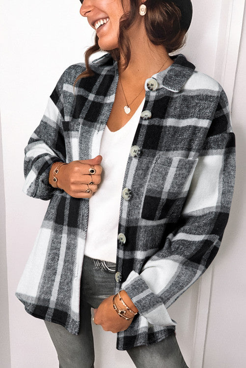 Gray Plaid Color Block Buttoned Long Sleeve Jacket with Pocket (s-2x)