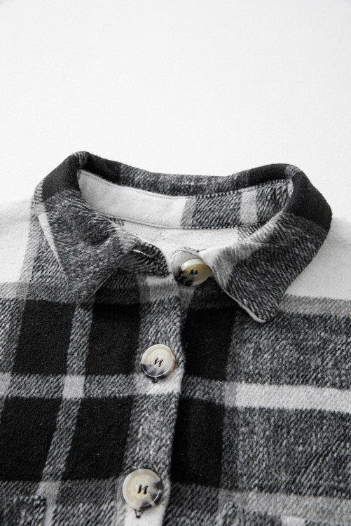 Gray Plaid Color Block Buttoned Long Sleeve Jacket with Pocket (s-2x)