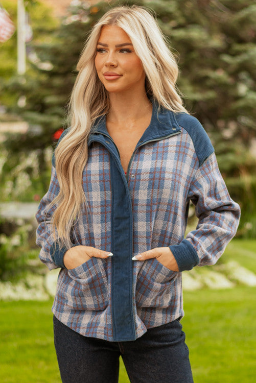 Gray Plaid Corduroy Patchwork Collared Zip Up Snap Button Jacket