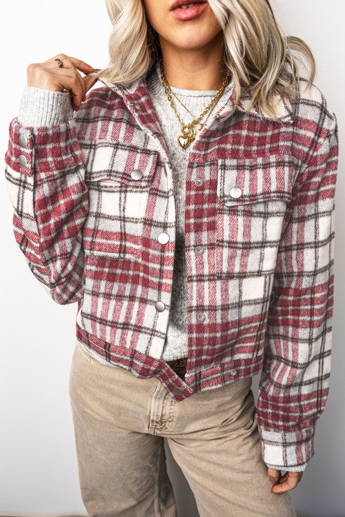 DEAL OF THE DAY Red Plaid Flannel Metal Button Collar Long Sleeve Vintage Shift Jacket (Originally$78)