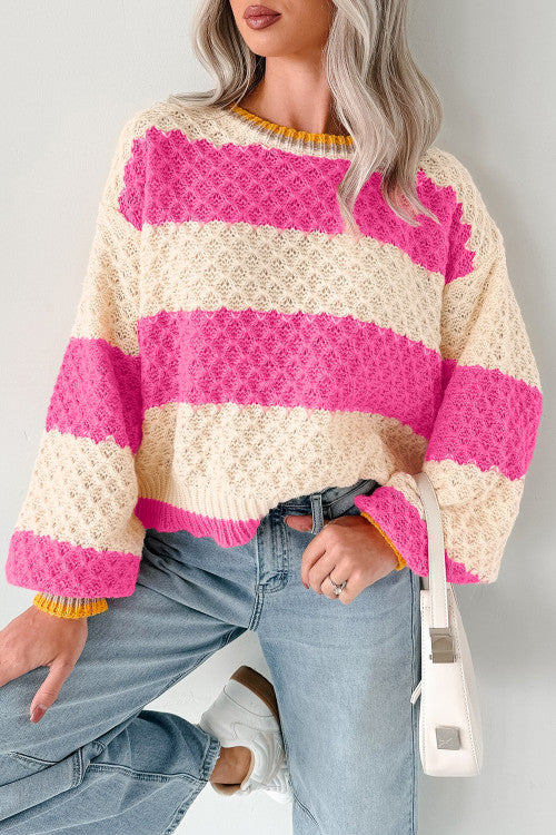 DEAL OF THE DAY Pink Stripe Striped Colorblock Texture Drop Shoulder Sweater (originally$68)