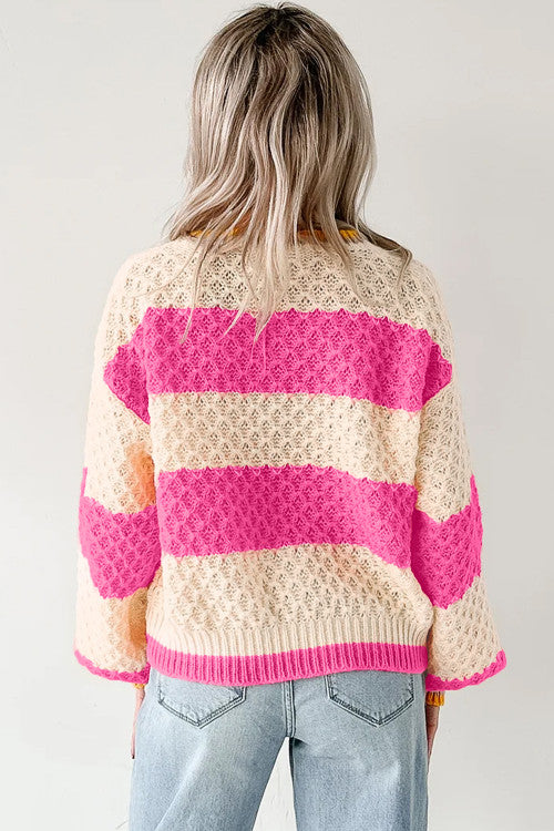 DEAL OF THE DAY Pink Stripe Striped Colorblock Texture Drop Shoulder Sweater (originally$68)