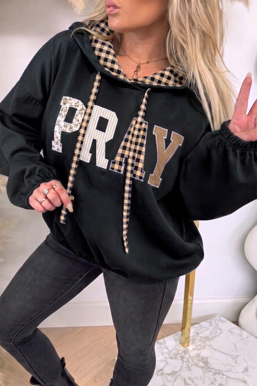 DEAL OF THE DAY Black PRAY Mix Pattern Letter Graphic Plaid Contrast Drawstring Hoodie (originally $59)
