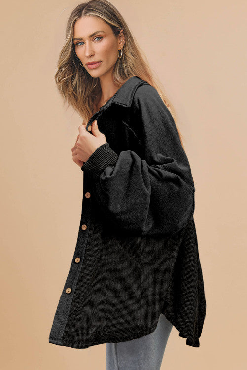 DEAL OF THE DAY Black Waffle Knit Patchwork Exposed Seam Loose Shacket (originally $68)