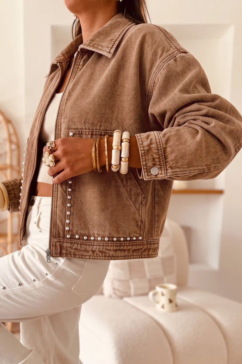 DEAL OF THE DAY Coffee Studded Metal Zipper Rivet Pockets Long Sleeve Denim Jacket (originally $79)