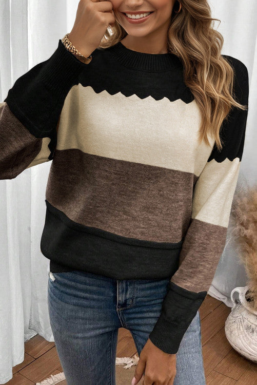 ššš° Black Colorblock Crew Neck Drop Shoulder Sweater