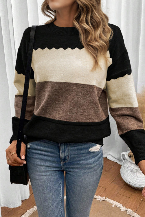 ššš° Black Colorblock Crew Neck Drop Shoulder Sweater