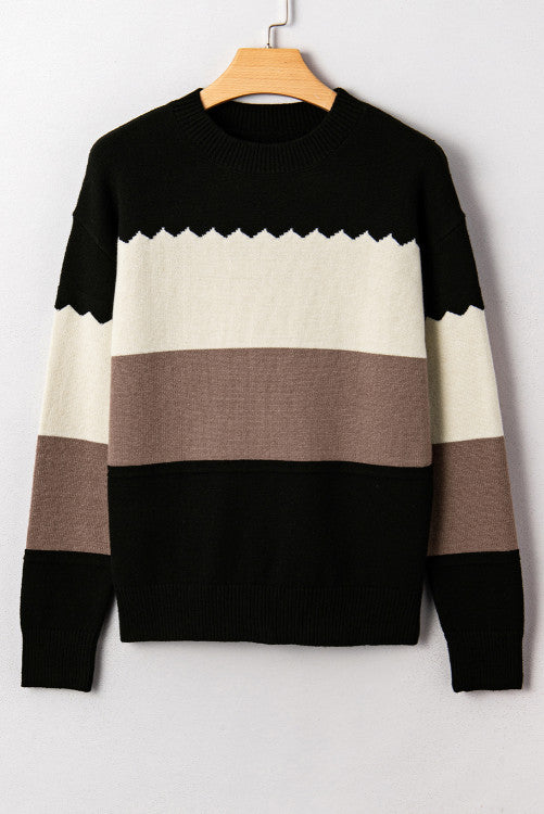 ššš° Black Colorblock Crew Neck Drop Shoulder Sweater