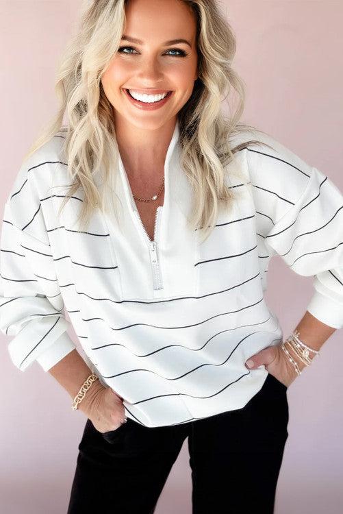 ššš° White Zip V Neck Casual Stripe Print Drop Shoulder Long Sleeve Top