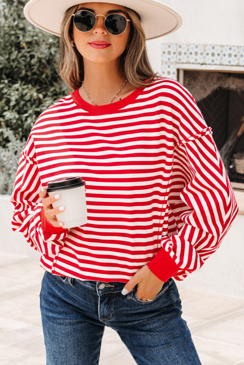 ššš° Red Stripe Exposed Seam Drop Shoulder Casual Pullover Top