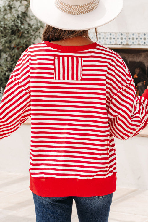 ššš° Red Stripe Exposed Seam Drop Shoulder Casual Pullover Top