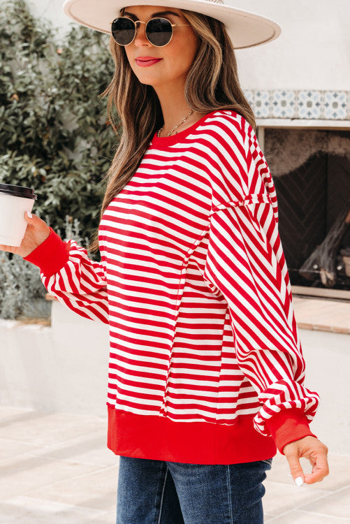 ššš° Red Stripe Exposed Seam Drop Shoulder Casual Pullover Top