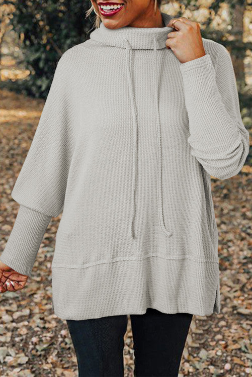 ššš° Light Grey Textured Knit Drawstring Cowl Neck Oversize Top with Side Slits