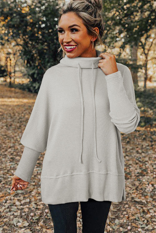 ššš° Light Grey Textured Knit Drawstring Cowl Neck Oversize Top with Side Slits