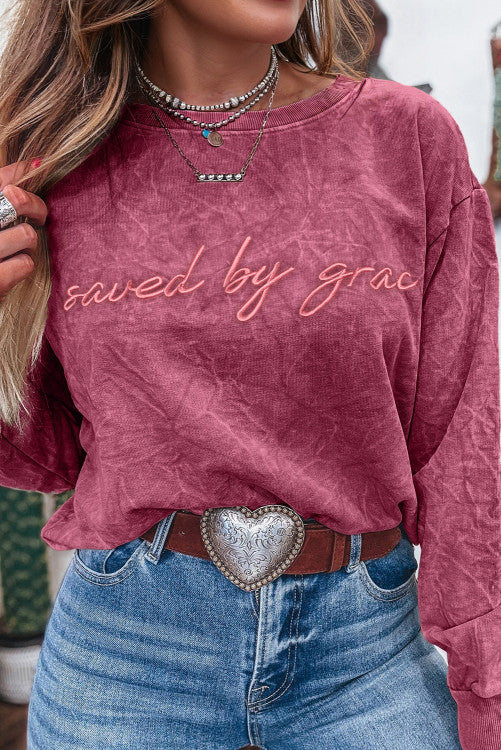 ššš° Mineral Red saved by grace Letter Embroidery Mineral Wash Loose Sweatshirt