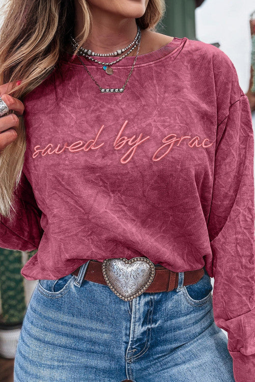 ššš° Mineral Red saved by grace Letter Embroidery Mineral Wash Loose Sweatshirt
