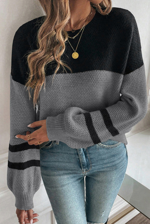 ššš° Medium Grey Color Block Knit Striped Sleeve Detail Casual Sweater