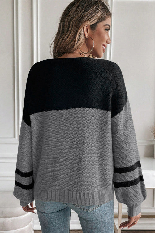 ššš° Medium Grey Color Block Knit Striped Sleeve Detail Casual Sweater