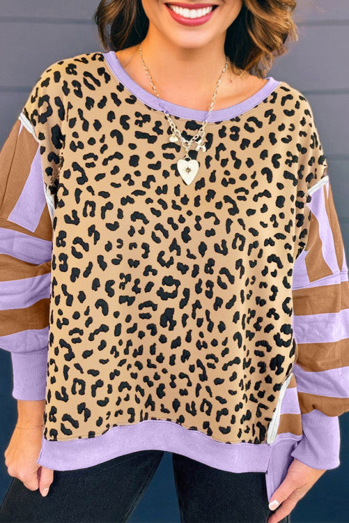 ššš° Purple Leopard Striped Patchwork Plus Size Loose Sweatshirt