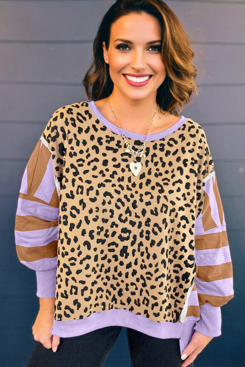 ššš° Purple Leopard Striped Patchwork Plus Size Loose Sweatshirt