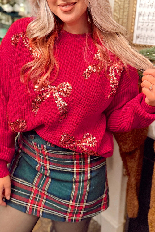 ššš° Fiery Red Sequin Bow Accent Drop Shoulder Festive Sweater