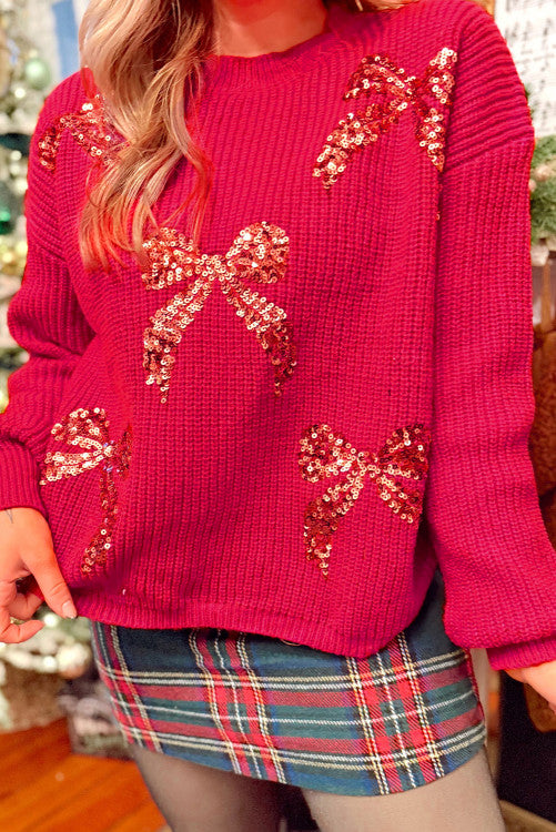 ššš° Fiery Red Sequin Bow Accent Drop Shoulder Festive Sweater