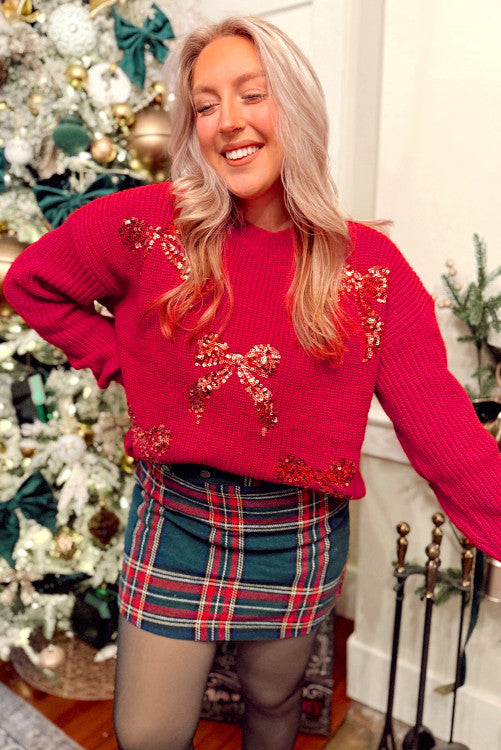 ššš° Fiery Red Sequin Bow Accent Drop Shoulder Festive Sweater