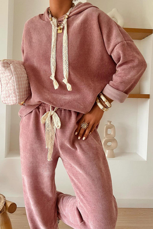šµšš Rose Tan Lace Drawstring Pullover Hoodie and High Waist Pants Corduroy Suit