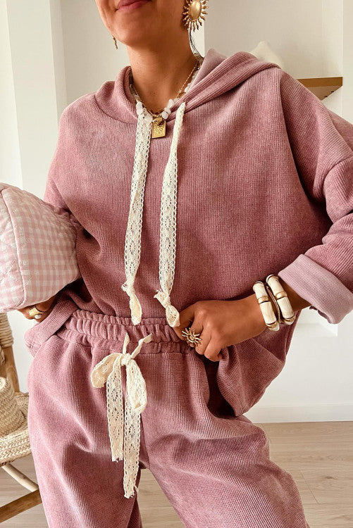 šµšš Rose Tan Lace Drawstring Pullover Hoodie and High Waist Pants Corduroy Suit