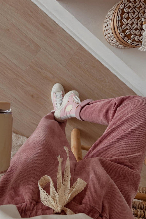 šµšš Rose Tan Lace Drawstring Pullover Hoodie and High Waist Pants Corduroy Suit
